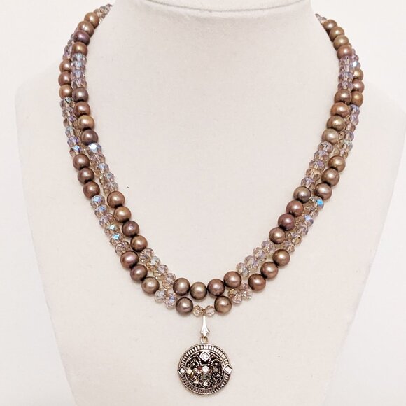 Handmade Double Strand Gold Pearl and Crystal Necklace with Photo Locket - Picture 1 of 7